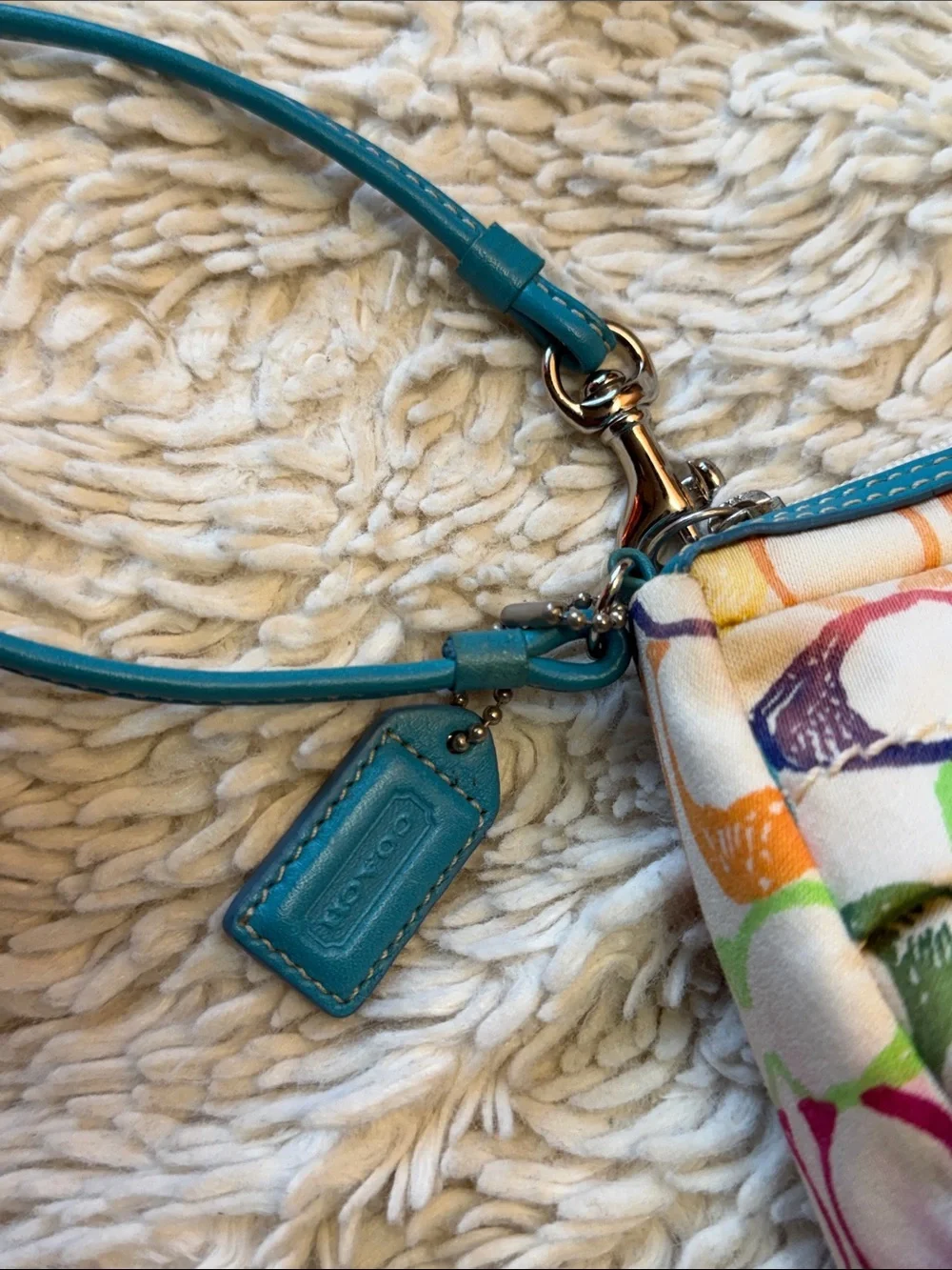 Vintage Coach Poppy Scribble  Wristlet/Clutch~Aqua Leather/Soft Canvas